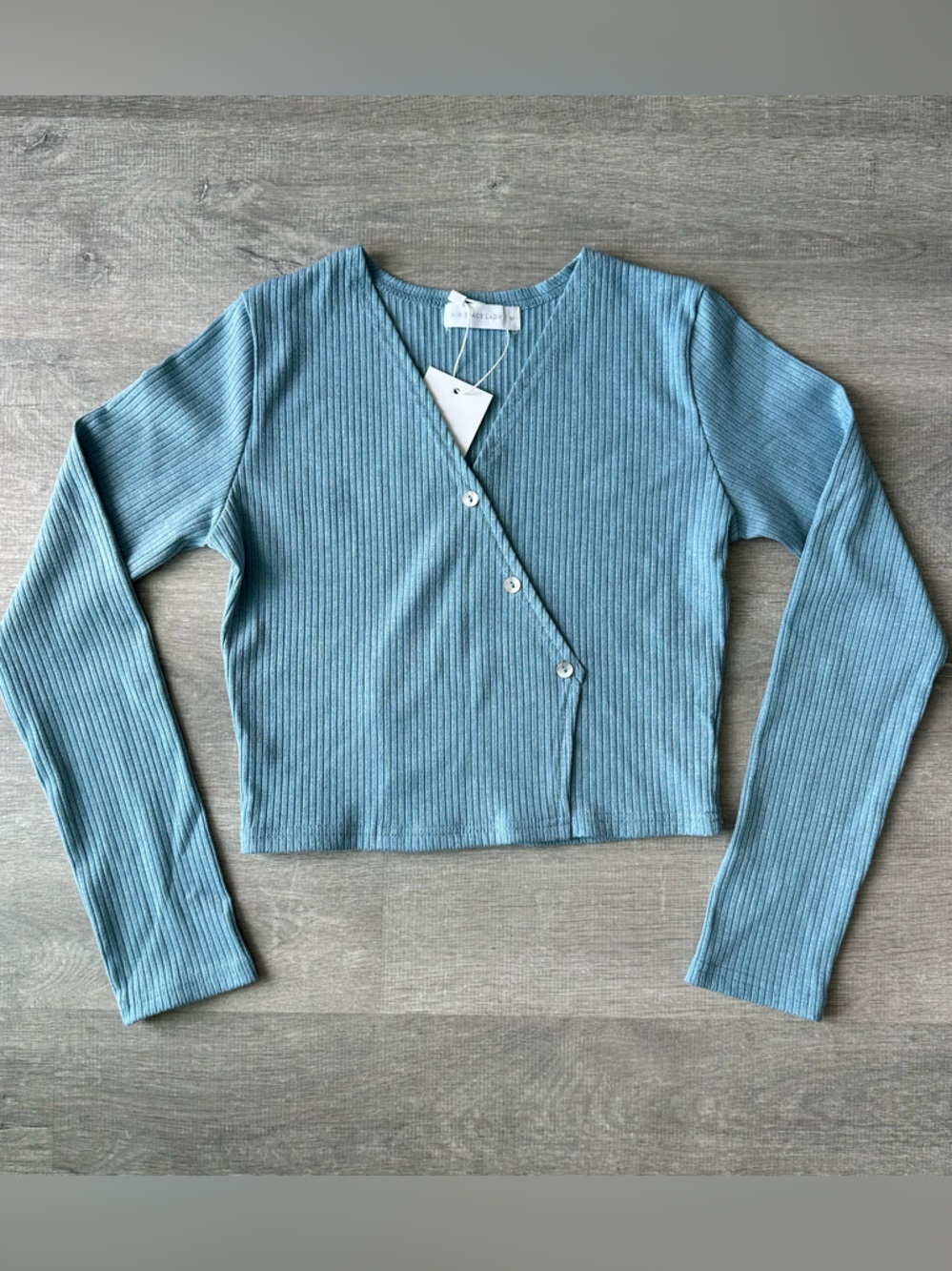 NWT Air Space Lady Asymmetric Ribbed Cropped Long Sleeve Top in Dusty Blue